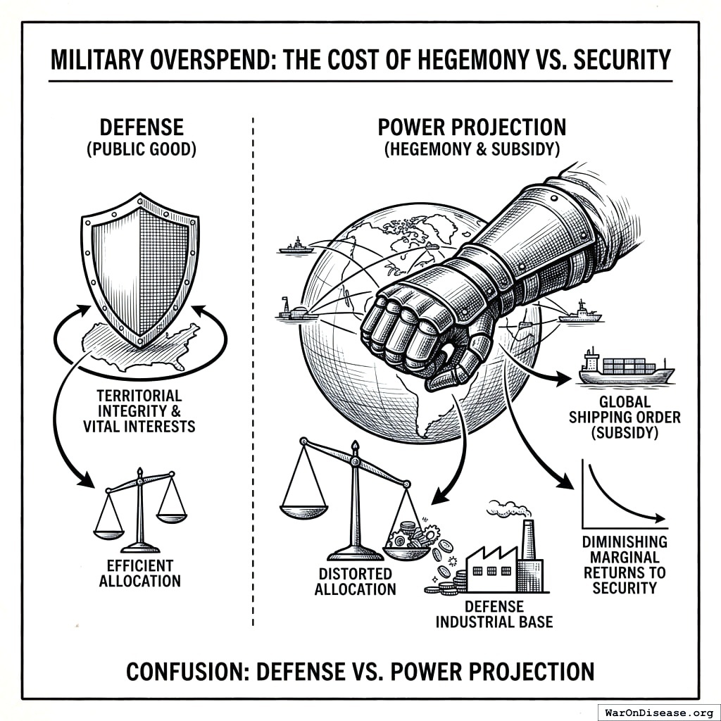 Defense means protecting your borders. Power Projection means spending money to scare people far away. One is a lock on your door, the other is paying to stand outside other people’s houses looking menacing.