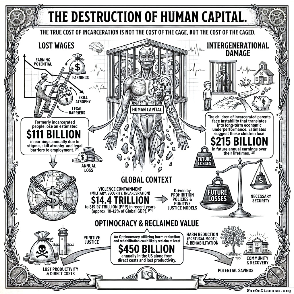 Locking people up costs 111 billion in lost wages, destroys 215 billion in future earnings, but you could save 450 billion by stopping. You’re paying extra to make everyone poorer.