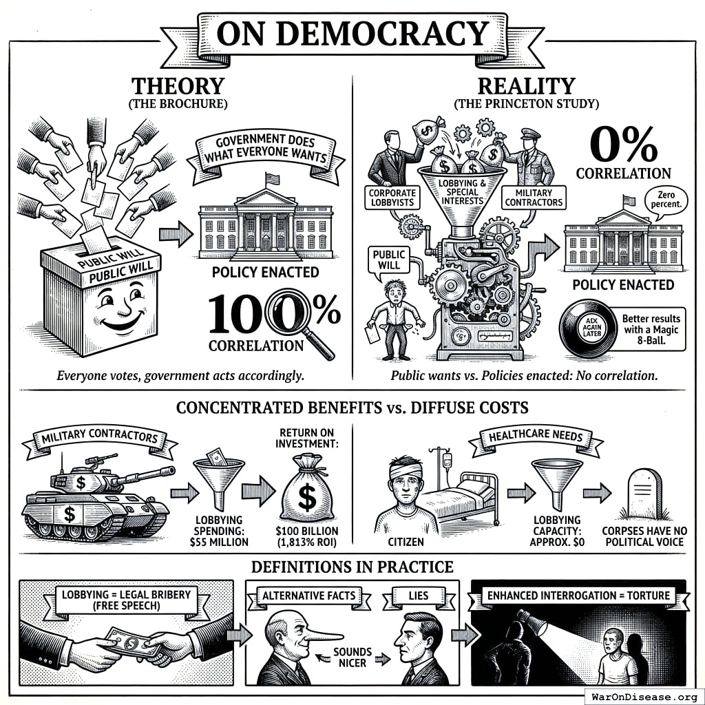 Military contractors spend $250 million on lobbying and get $850 billion in contracts. That’s a 340,000 percent return. You voted and got a sticker. Both are forms of civic participation.