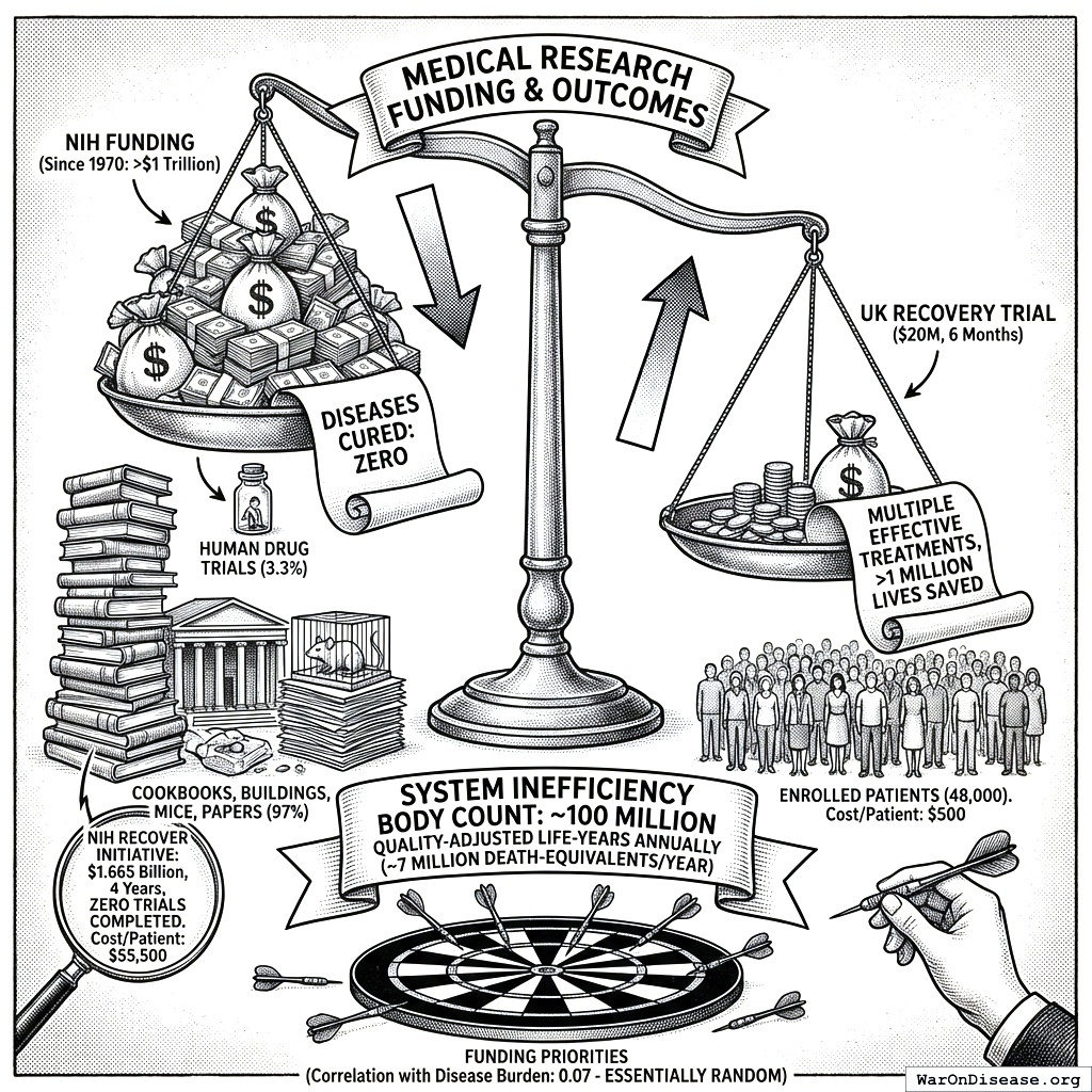 America spent $55,500 per patient to test COVID treatments. Britain spent $500. Same disease, same planet, same year. Different levels of commitment to wasting money.