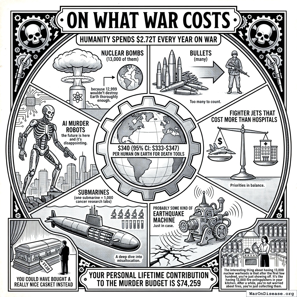 One submarine costs the same as 1,000 cancer research labs. The submarine sinks things. The labs might cure leukemia. You bought the submarine.