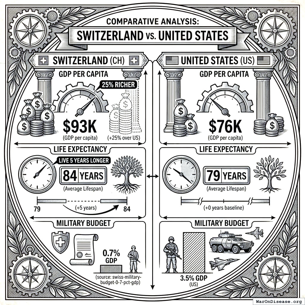 Switzerland spends less on weapons and lives longer. America spends more on weapons and dies sooner. Science is still investigating whether these facts are related.