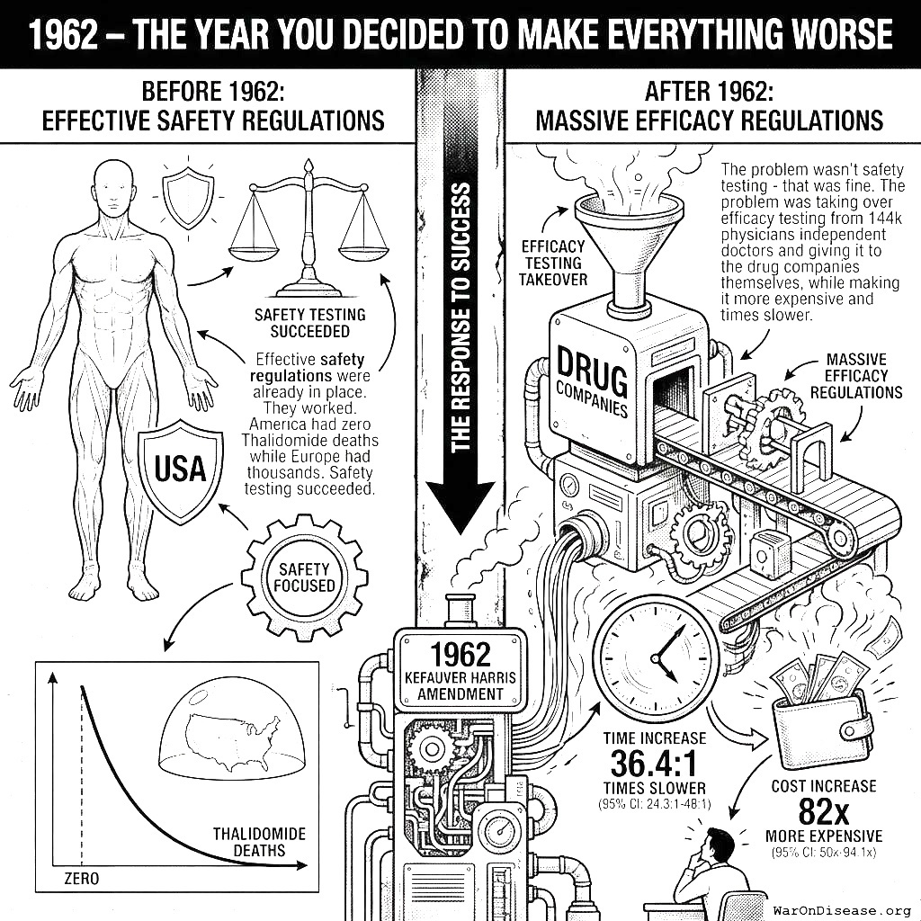 Before 1962: doctors tested if drugs worked. After 1962: drug companies tested if drugs worked. Costs went up. Time went up. Asking the seller if the product works costs more than asking the buyer.