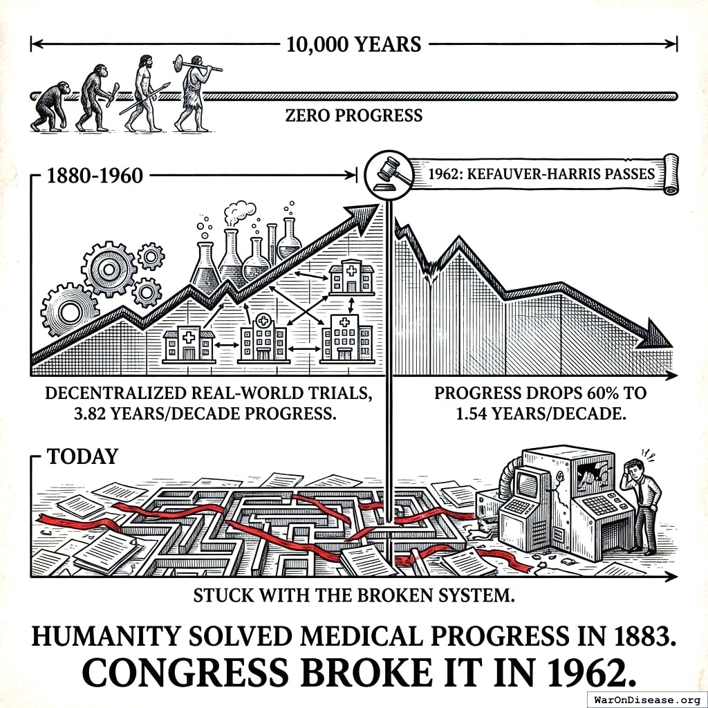 Medical progress: 3.82 years gained per decade. Then 1962 happens. Medical progress: 1.54 years gained per decade. We cut medical progress in half with good intentions and paperwork.