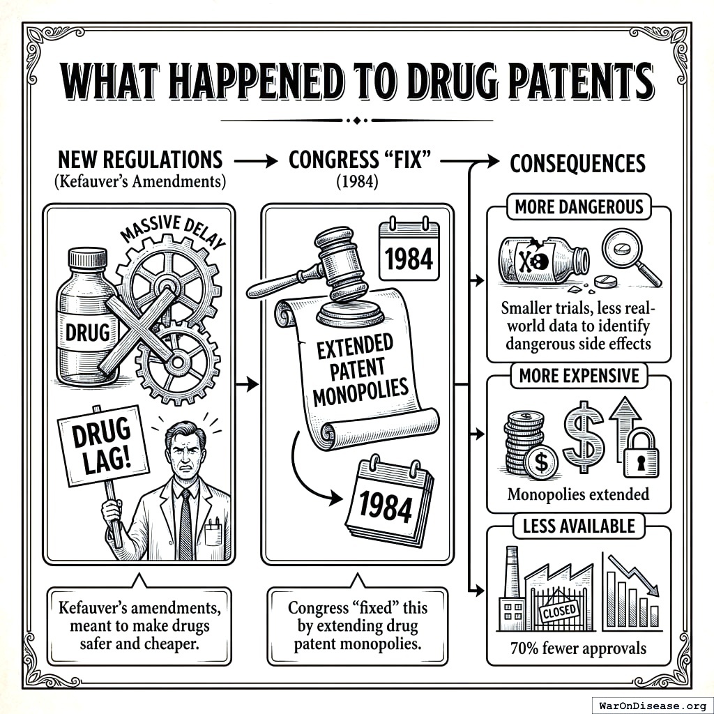 In 1984, patents got extended to encourage innovation. Prices went up. Availability went down. Safety went down. The incentive to innovate became an incentive to charge more for less.
