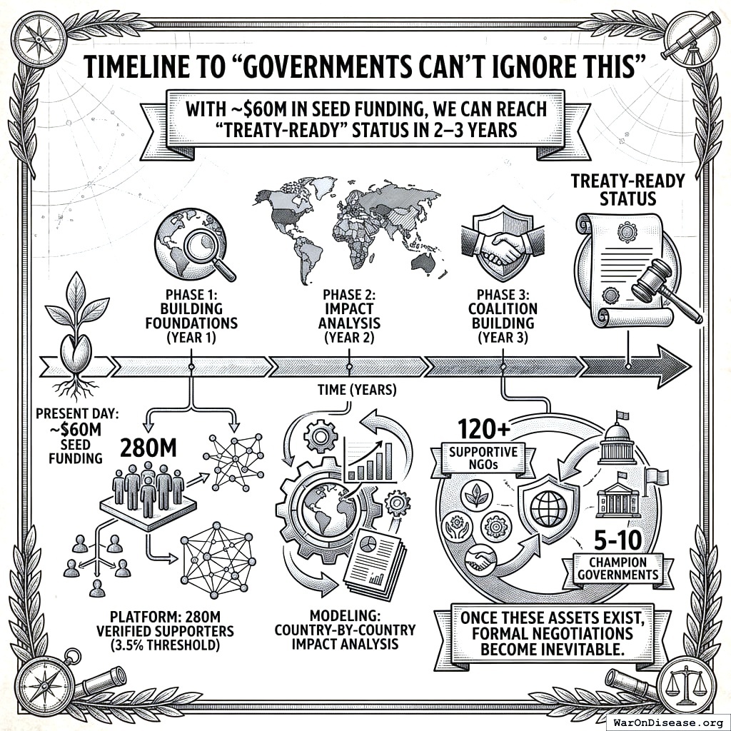 Two to three years to build the website, run the numbers, and assemble the coalition before you can put the treaty in front of countries. Diplomacy is slow.