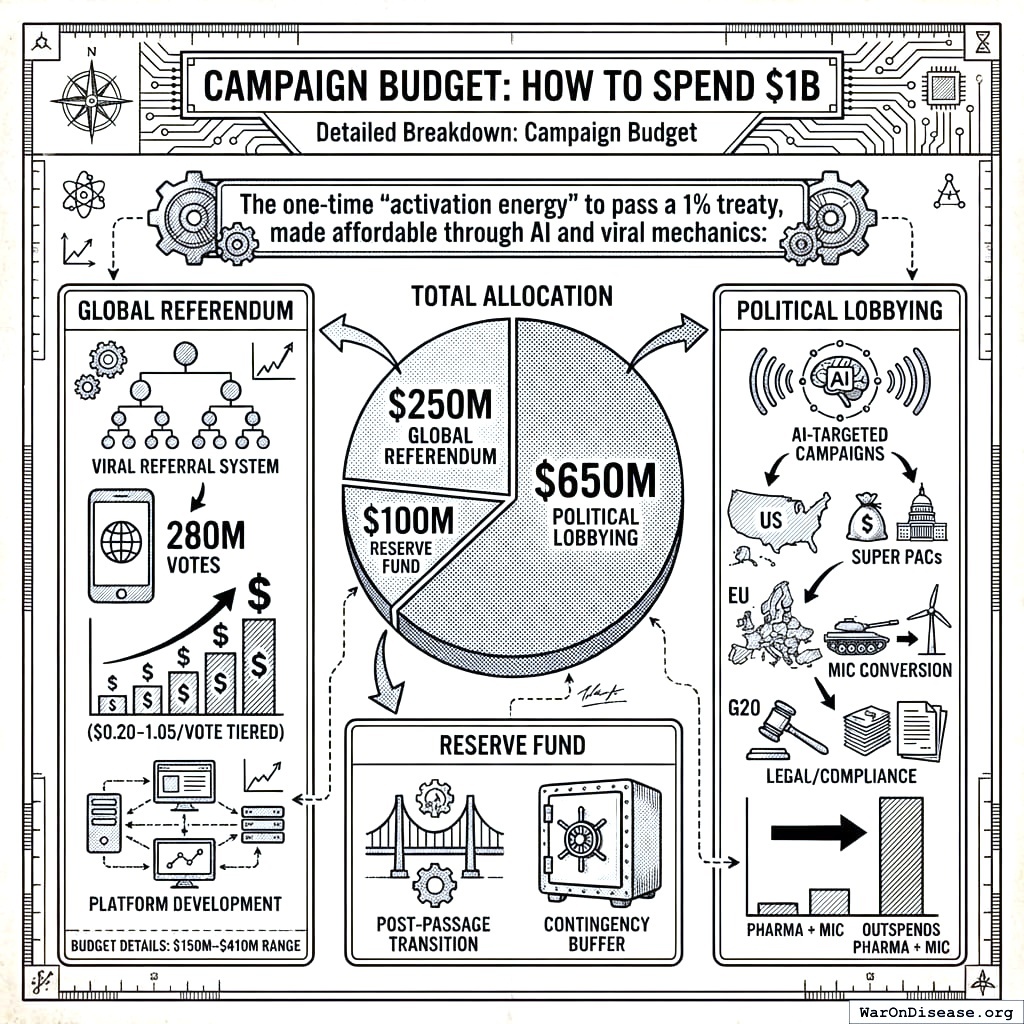 How to spend one billion convincing humans to stop killing each other: some for lobbying politicians, some for letting citizens vote directly, some for emergencies. Democracy is expensive.