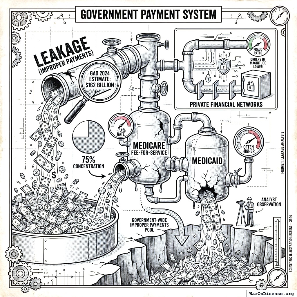 Three-quarters of government healthcare fraud happens in two programs. The private sector steals less, which is awkward.