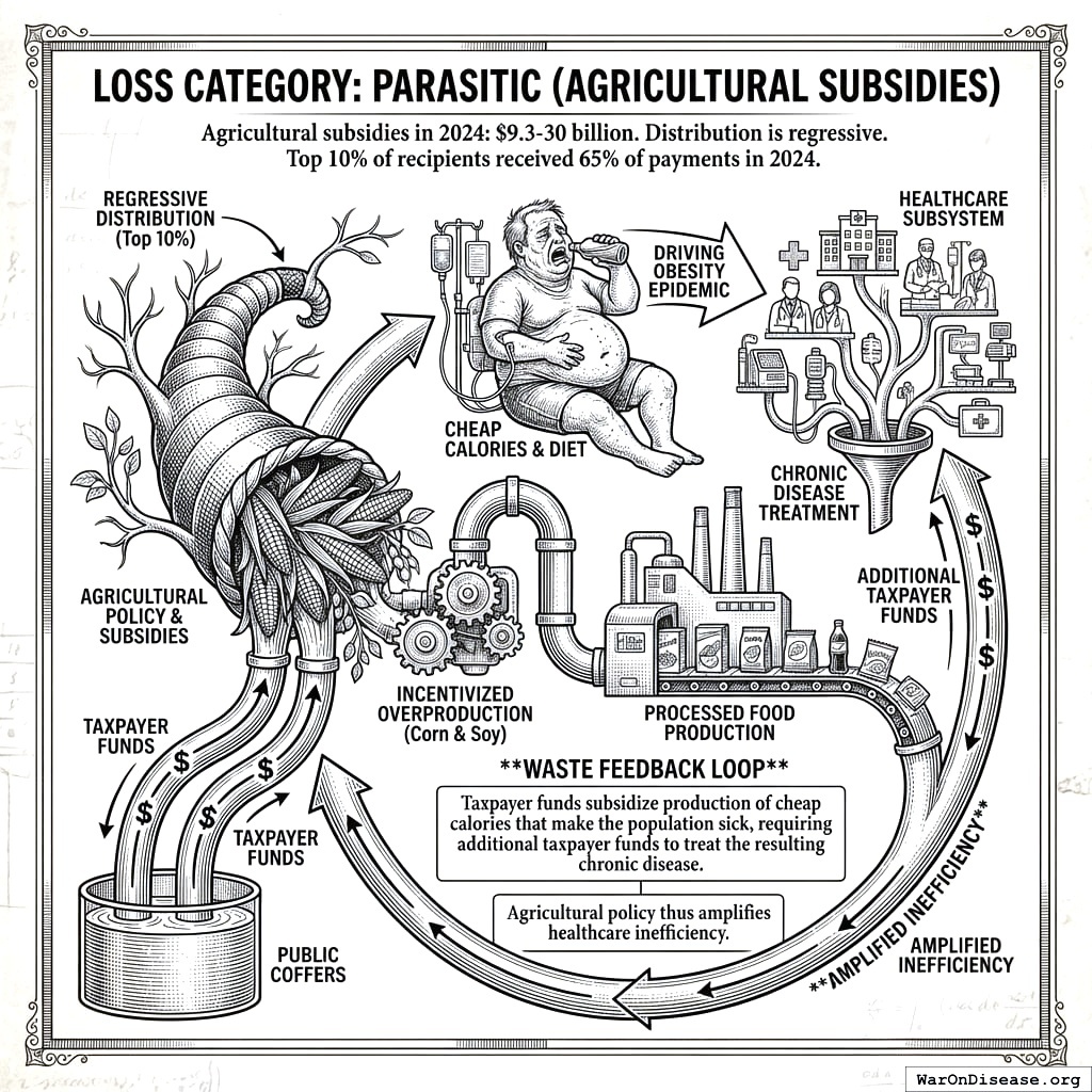 You pay farmers to grow corn. Corn becomes cheap junk food. Junk food makes people sick. You pay to fix the sick people. Loop complete.