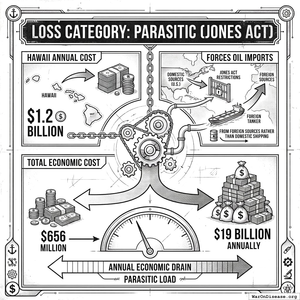 The Jones Act costs Hawaii more per person than anyone else because shipping things to islands on American ships is very expensive.