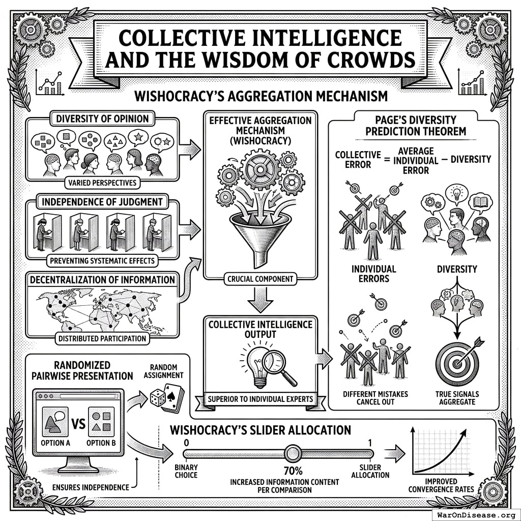 A conceptual diagram illustrating Surowiecki’s four conditions for collective intelligence and a visualization of Page’s diversity prediction theorem showing how diversity reduces collective error.