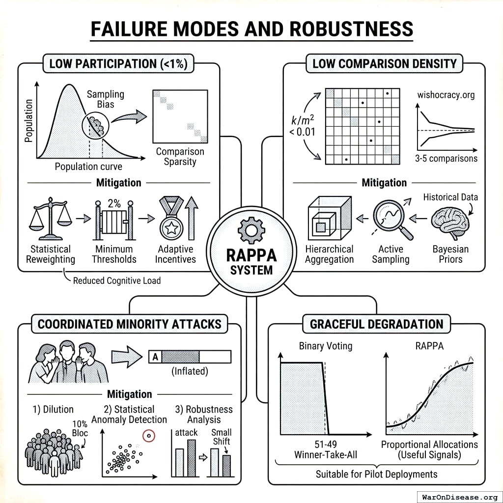 Three ways RAPPA breaks: nobody participates, comparisons are too sparse, or attackers coordinate. Three layers of defense against each. Belt, suspenders, and duct tape.