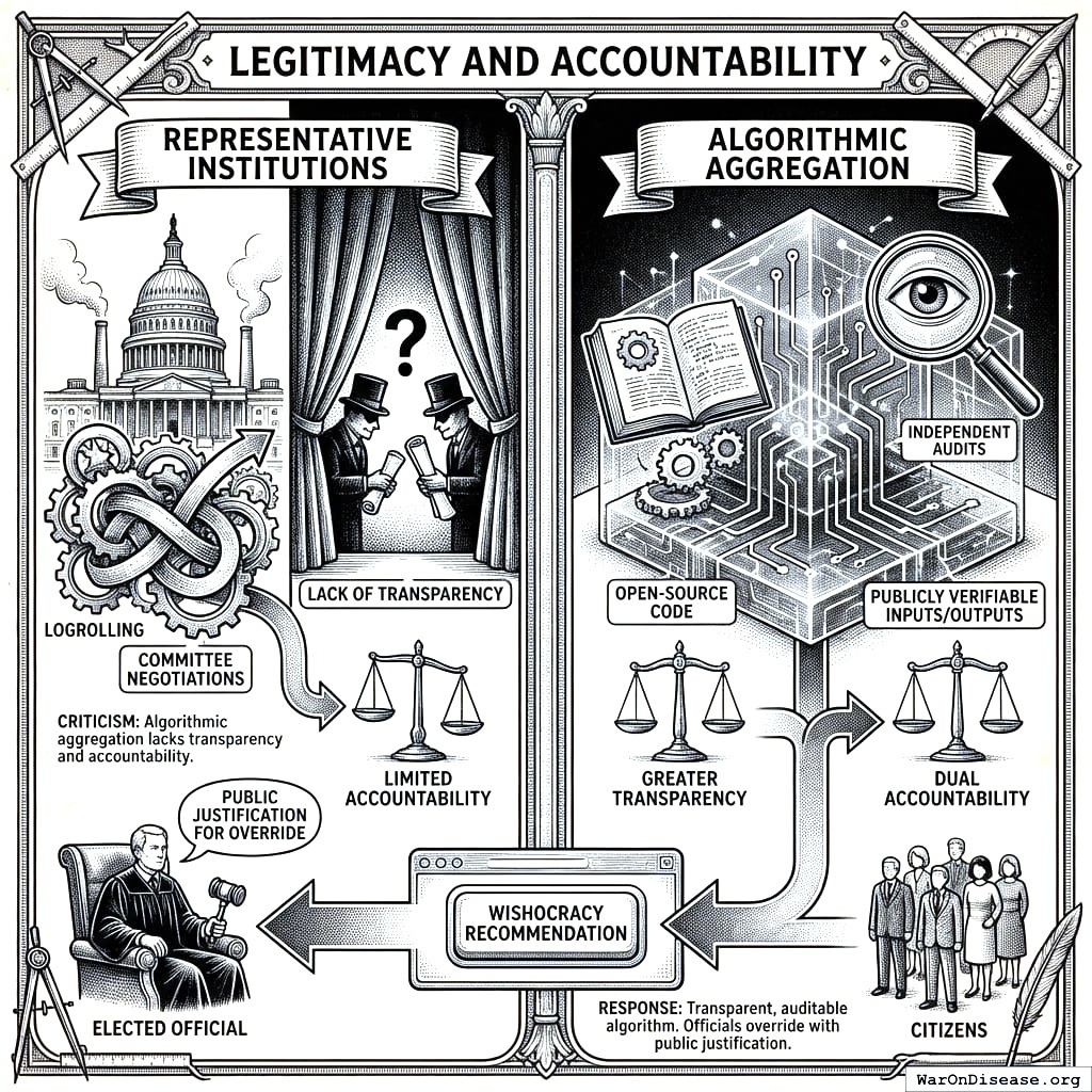 Preferences go into algorithm, algorithm makes recommendations, elected officials oversee it. Everyone watches everyone else, like a Mexican standoff but with spreadsheets.