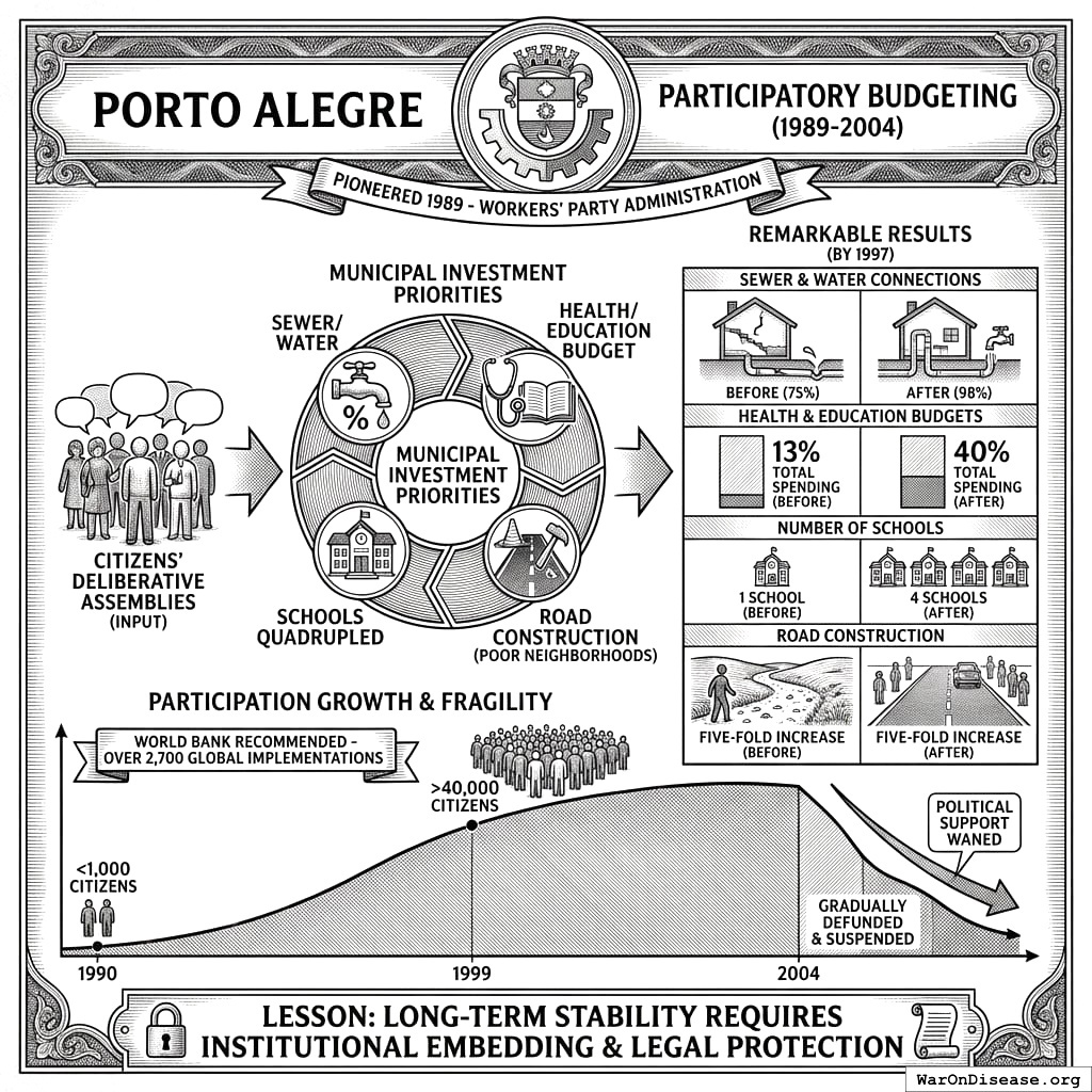 When Porto Alegre let citizens decide the budget, participation increased 20x and services multiplied. Turns out people care more when they get to choose where money goes.