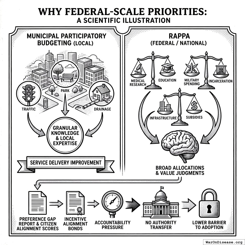 Citizens want things, government spends money, RAPPA measures the gap and creates financial instruments to close it. Democracy with accounting.