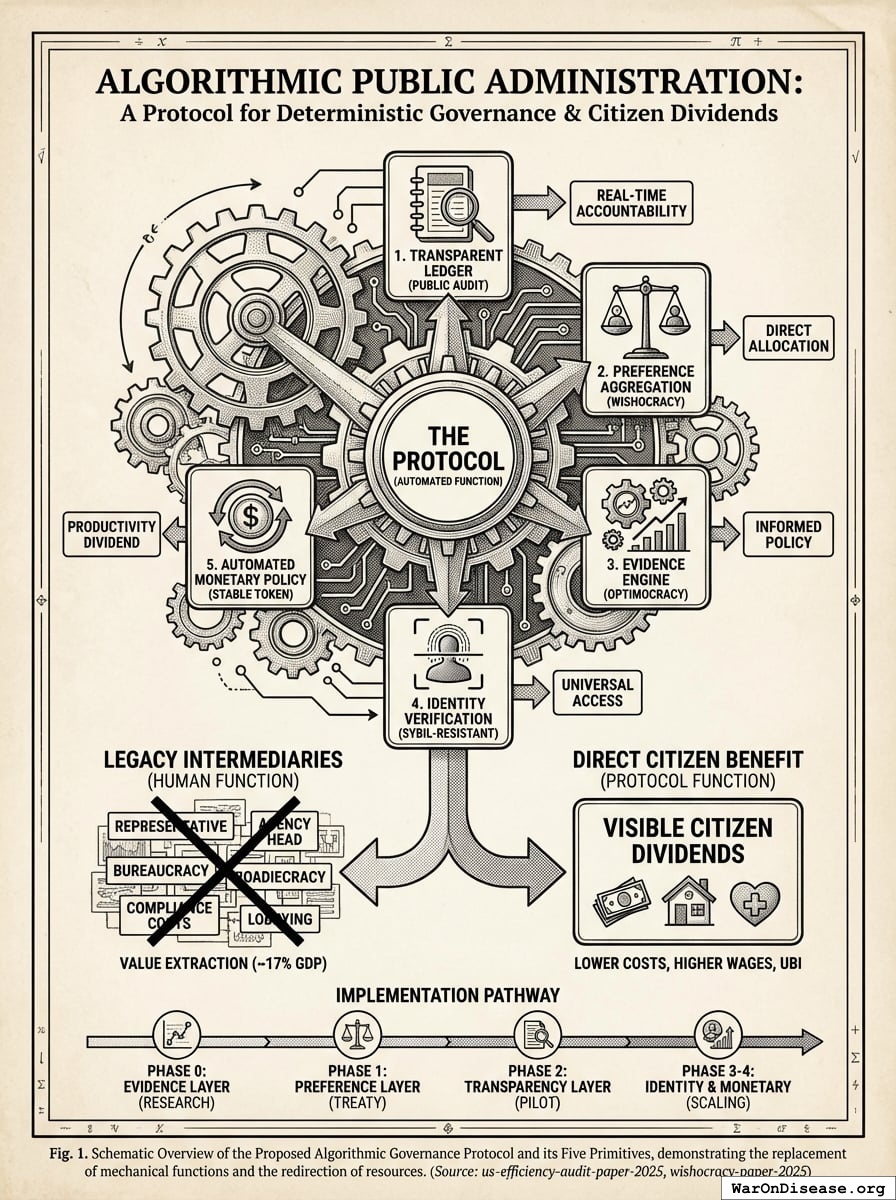 A protocol combining five primitives (transparent ledger, preference aggregation, evidence engine, identity verification, rules-based monetary policy) to replace mechanical government functions, return diverted value to citizens, and stop spending 17% (95% CI: 12.6%-22.6%) of GDP on humans executing functions that are algorithmic in nature, while preserving democratic control over policy ends.