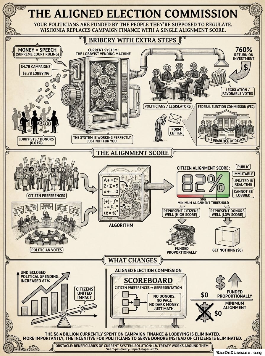 Your politicians are funded by the people they’re supposed to regulate. Wishonia replaces campaign finance with a single alignment score.